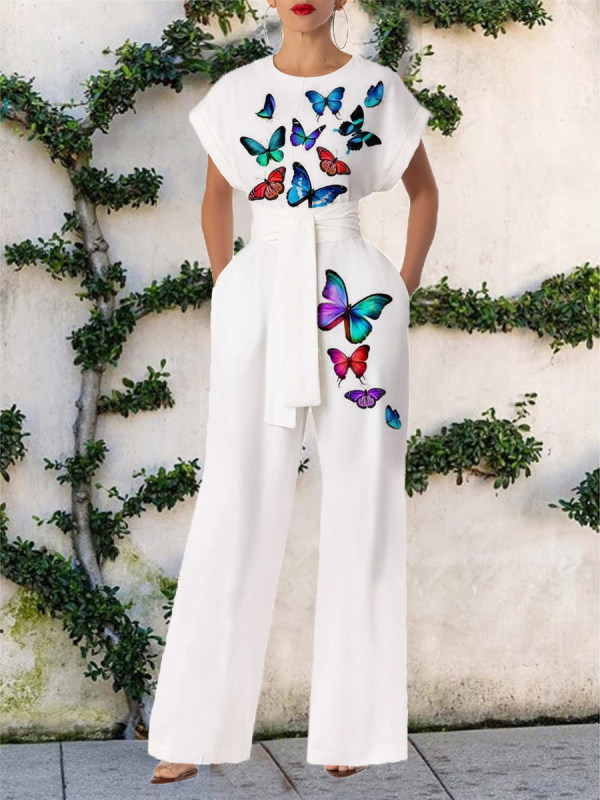 Fashion Butterfly Print Relaxed Cap Sleeve Jumpsuit Women