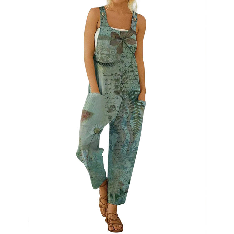 Art Grey Blue Vintage Printed Shoulder Strap Patchwork Pocket Jumpsuit