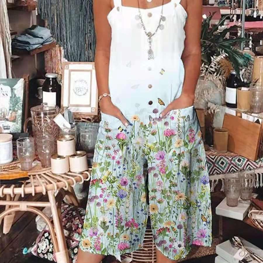 Flowers printed loose pocket jumpsuit