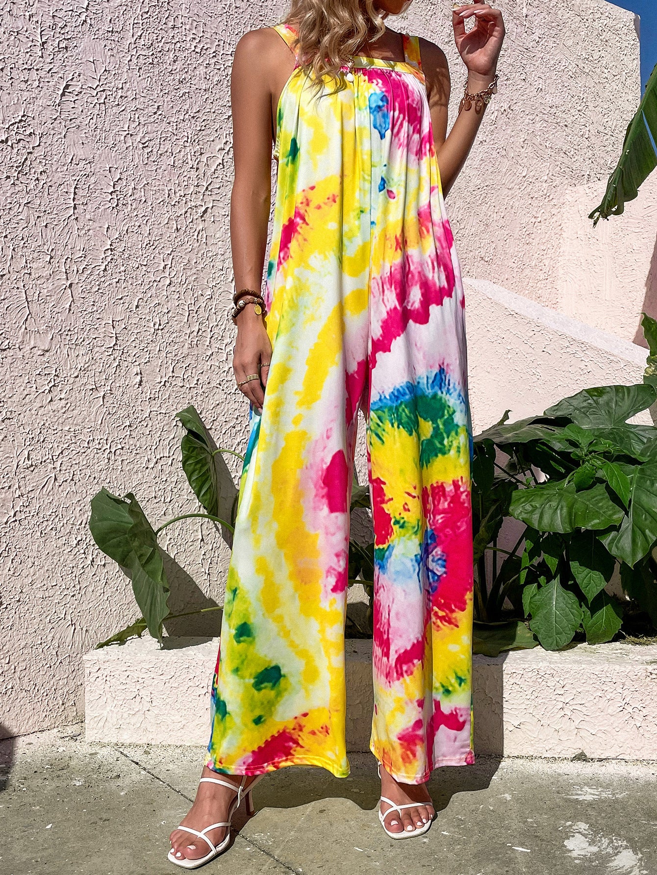 Tie-dye print casual halter wide leg jumpsuit