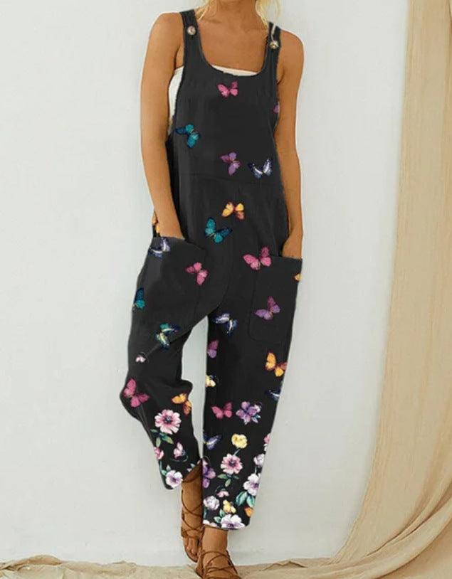 Art Black Butterfly Vintage Printed Shoulder Strap Patchwork Pocket Jumpsuit