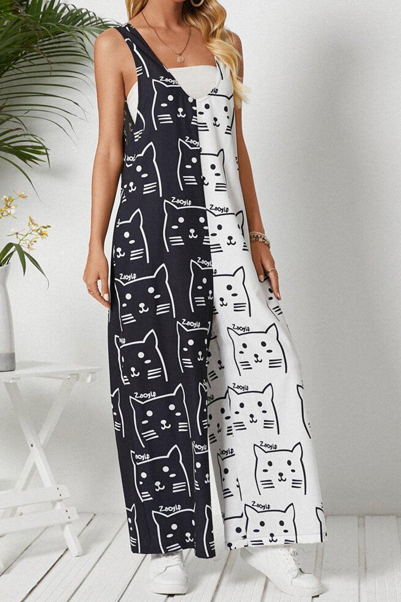 Fashion Casual Print Split Joint V Neck Loose Jumpsuits