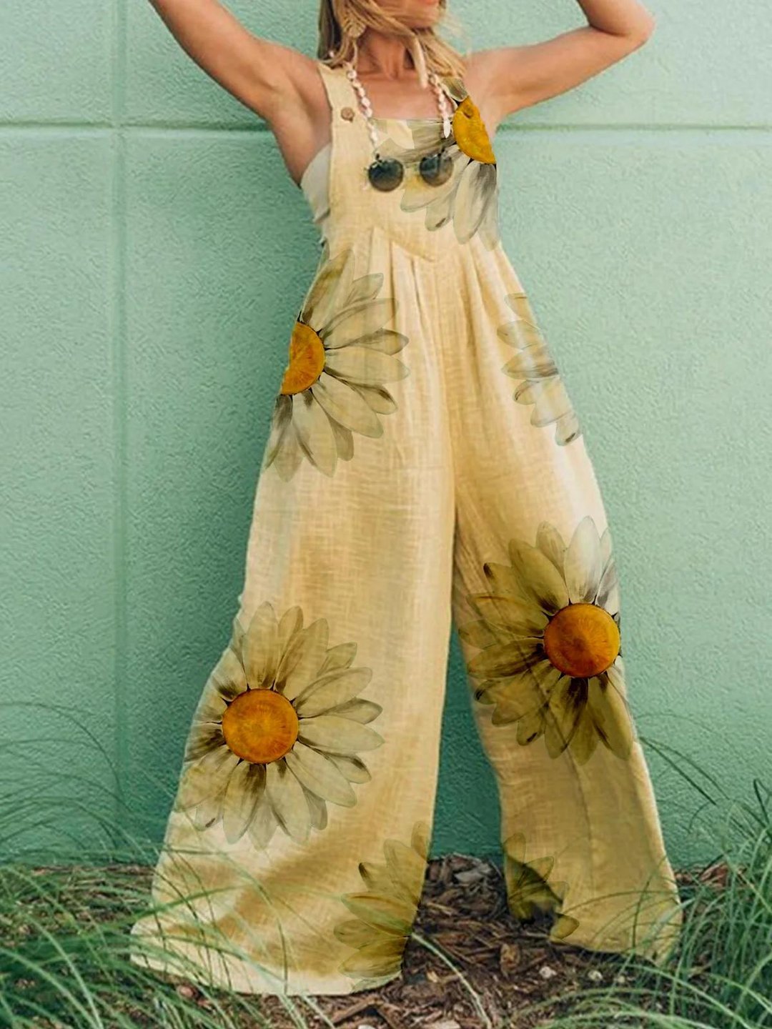 Casual Floral Pattern Jumpsuit Overall Swimsuit-Yellow