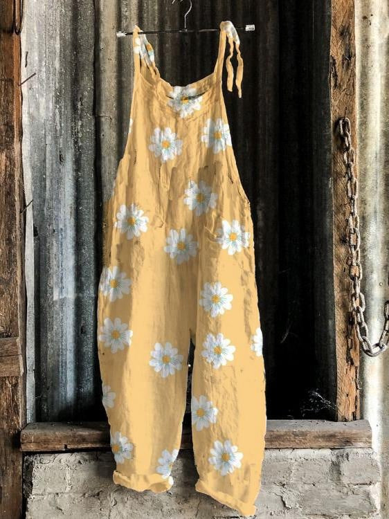 Yellow Flower Sleeveless Casual Jumpsuit