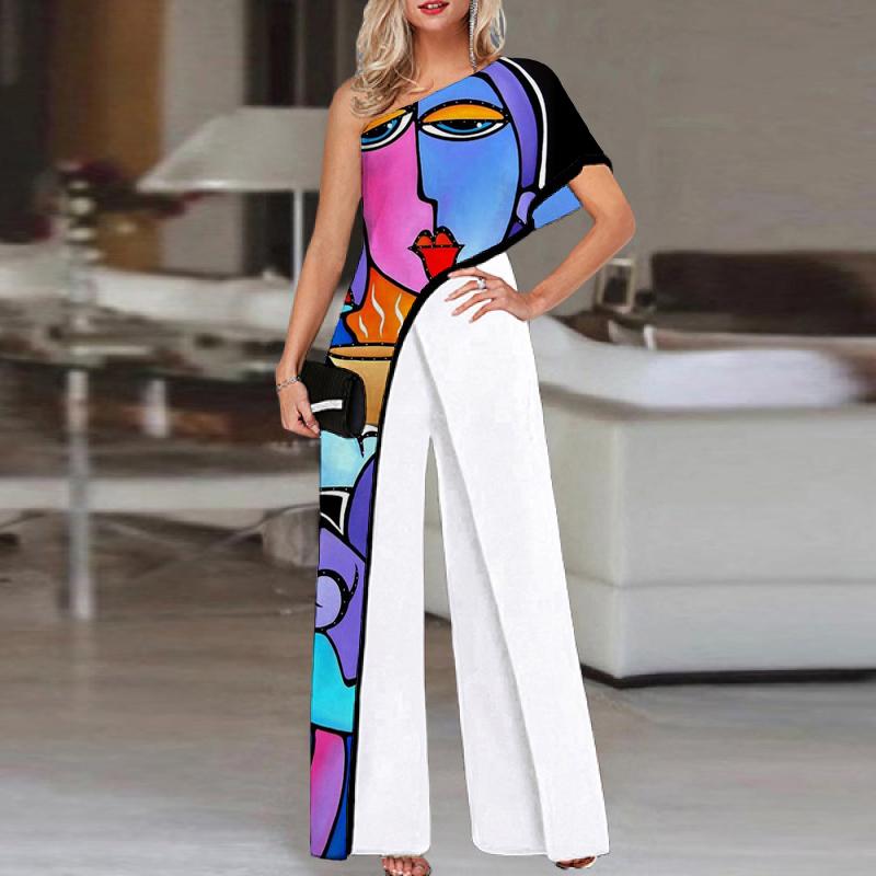 Fashion Single-sleeve Face Print Jumpsuit