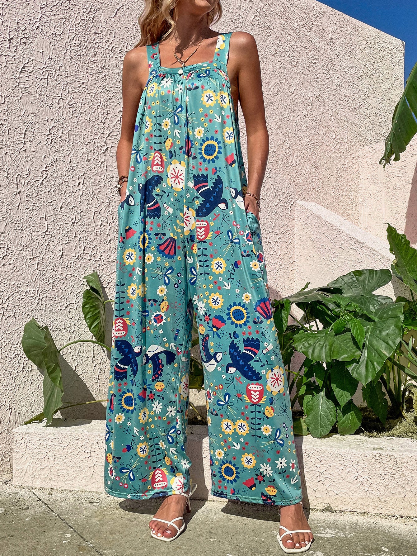 Green bird print casual halter wide leg jumpsuit